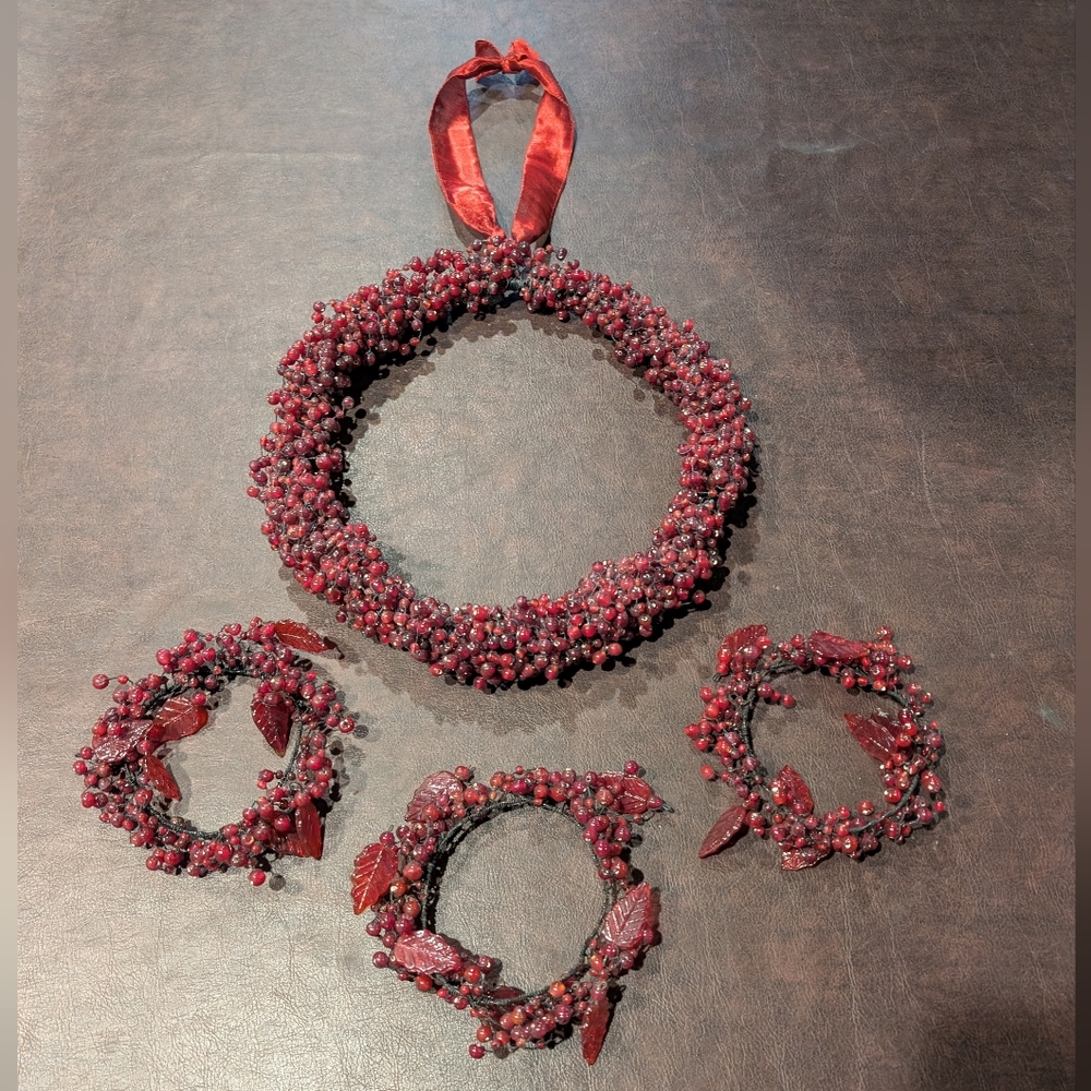 Pottery Barn Red Pepperberry Wreath and Matching Candle Rings. 